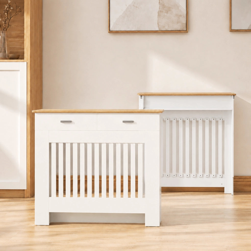 Copritermosifone Moderno in Legno Bianco a Doghe con Cassetto Portaoggetti e Sistema Antiribaltamento, per Casa, 112x19x97 cm