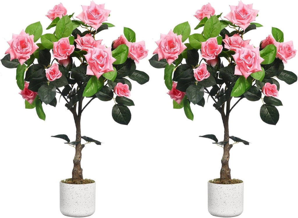 Set 2 Alberi di Rose Rosa Artificiali 75 cm con Tronco Naturale e Vaso