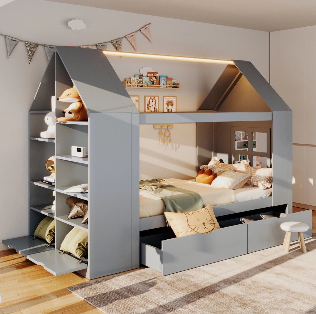 Letto a casetta 90x200 cm grigio con LED, cassetti e vani portaoggetti