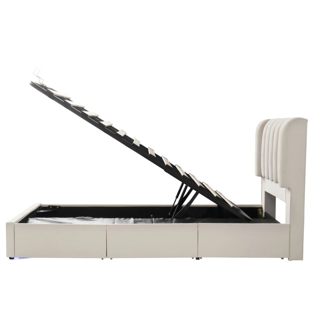 Letto singolo contenitore per bambini 90x200 cm con 3 cassetti e LED in velluto beige HOMVRA
