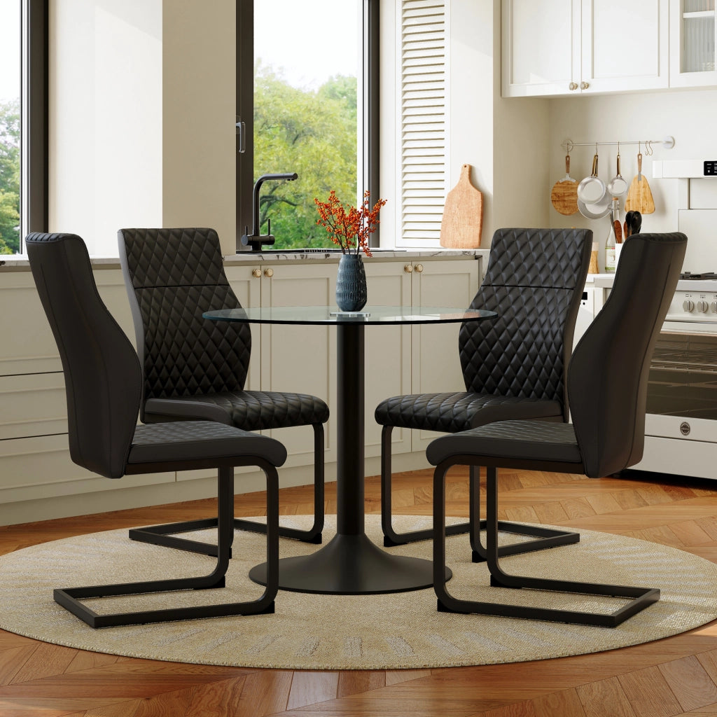 Set tavolo rotondo 85 cm in vetro trasparente, 4 sedie PU nere