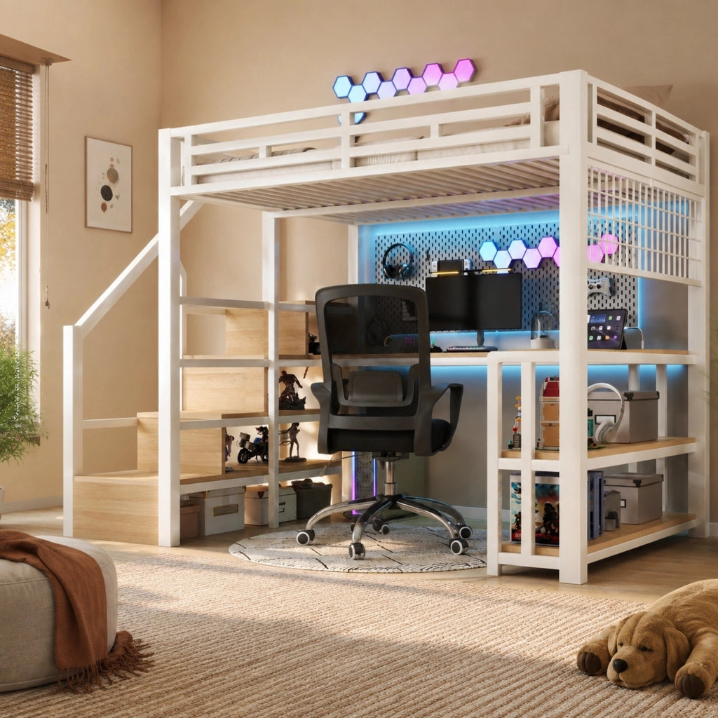 Letto a soppalco 140x200 cm bianco con scrivania, LED e ricarica USB