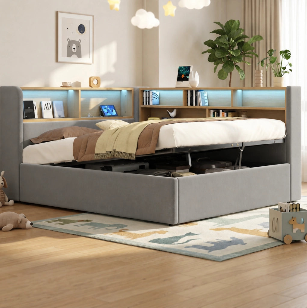 Letto contenitore imbottito in velluto grigio con LED; USB e Type-C