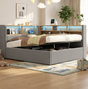 Letto contenitore imbottito in velluto grigio con LED; USB e Type-C