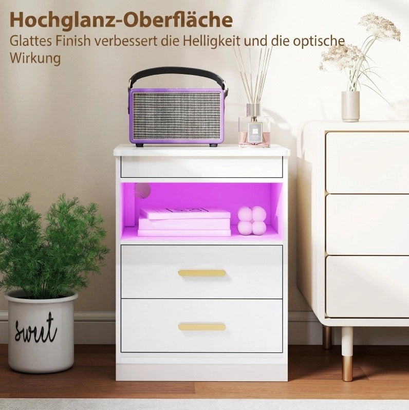 Comodino Bianco Lucido con 2 Cassetti; Ricarica e LED RGB; 45 x 40 x 59 cm