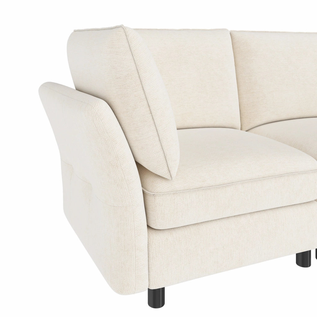 Divano angolare modulare 4 posti con pouf contenitore in ciniglia beige HOMVRA