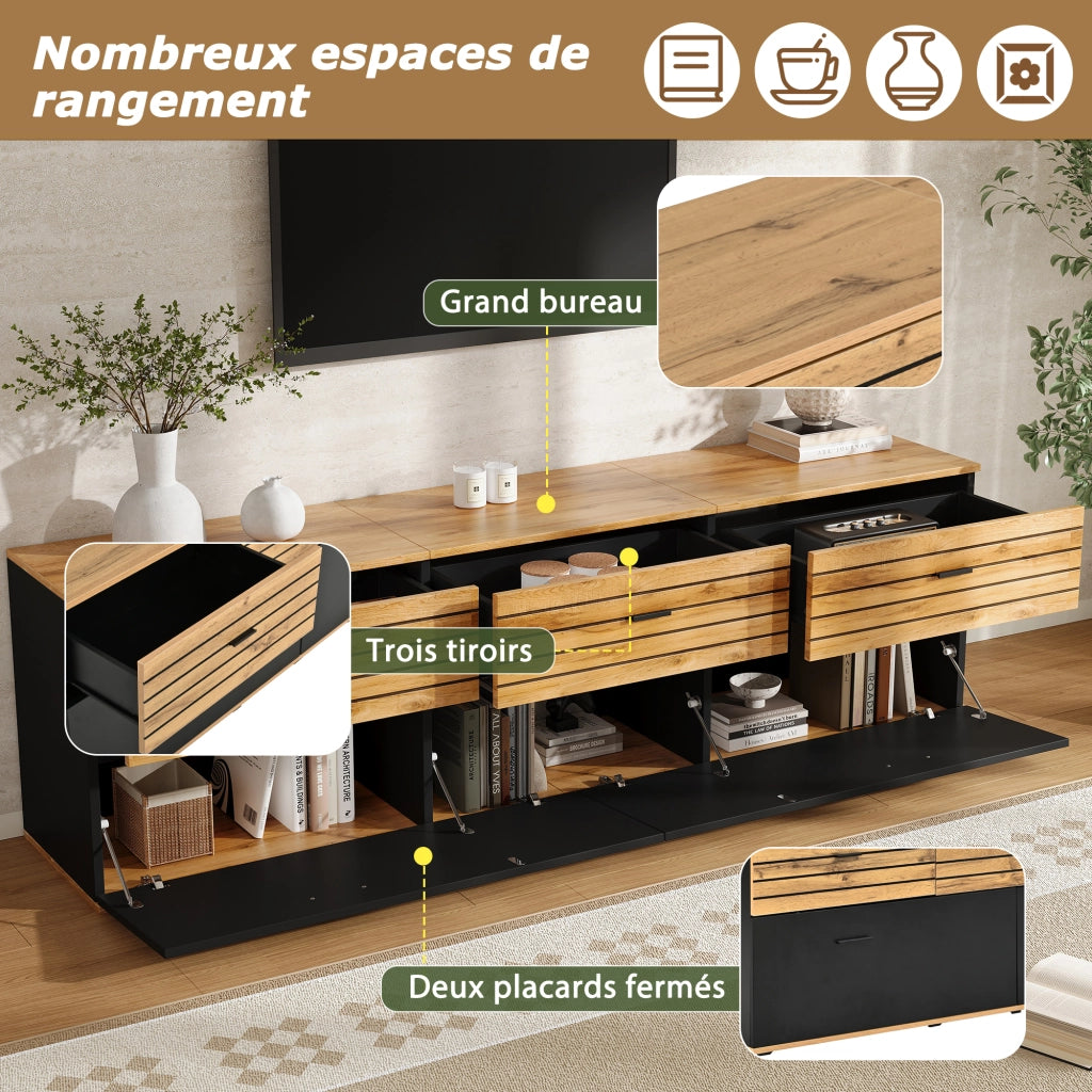 Mobile porta tv 168 cm legno e nero per tv fino a 65 pollici con cassetti e ante