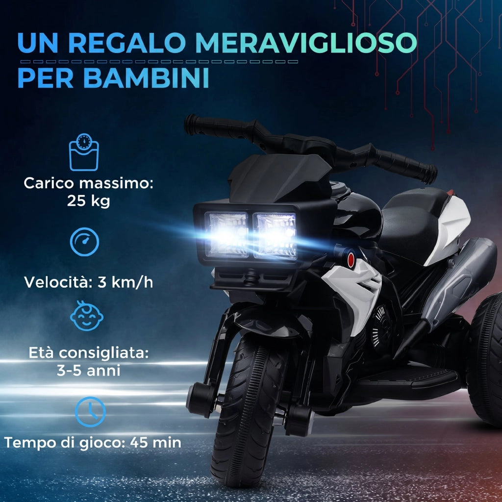 Moto Elettrica per Bambini 3-5 Anni 86x42x52 cm con 3 Ruote Luci e Suoni Batteria 6V Nero