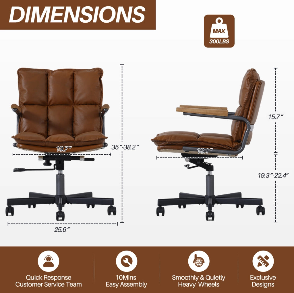 Sedia da ufficio ergonomica regolabile e girevole in pelle; marrone