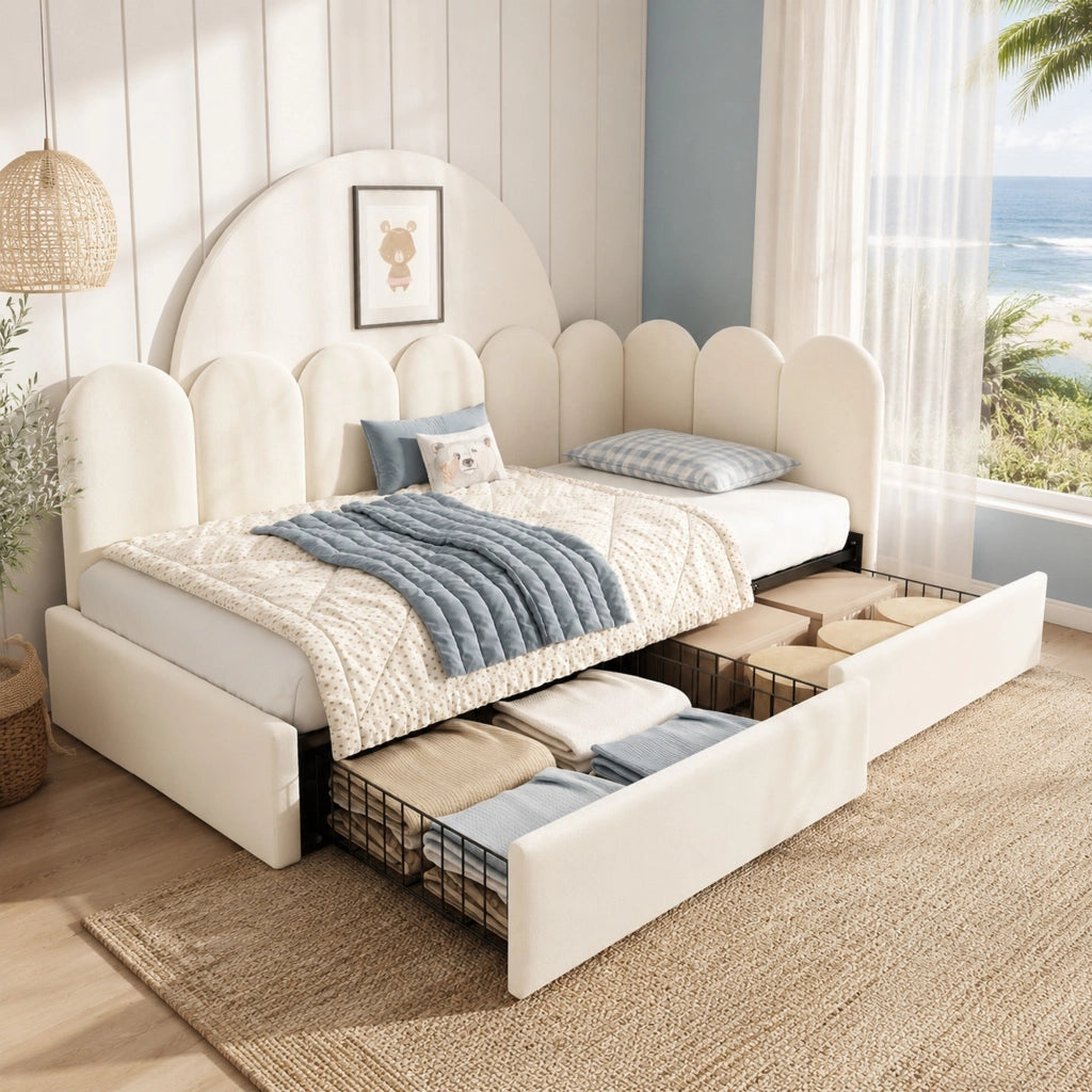 Letto imbottito in velluto 90x200 con 2 cassetti e struttura salvaspazio