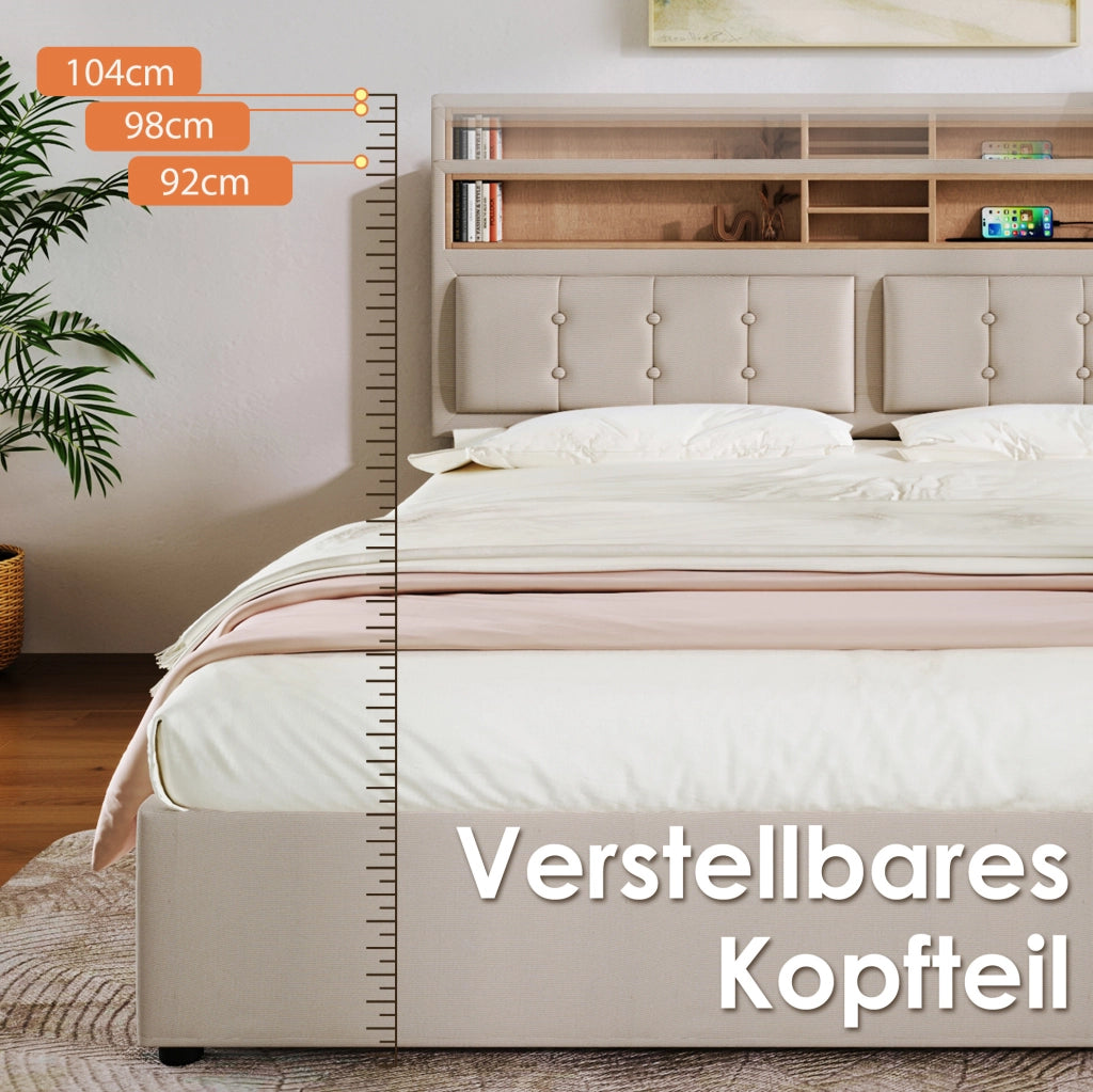 Letto imbottito beige 140 x 200 cm con 4 cassetti, prese USB e Tipo-C