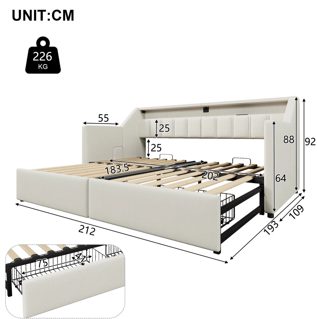 Letto daybed multifunzionale 90 x 200 cm con USB, Type-C, LED e 2 cassetti beige