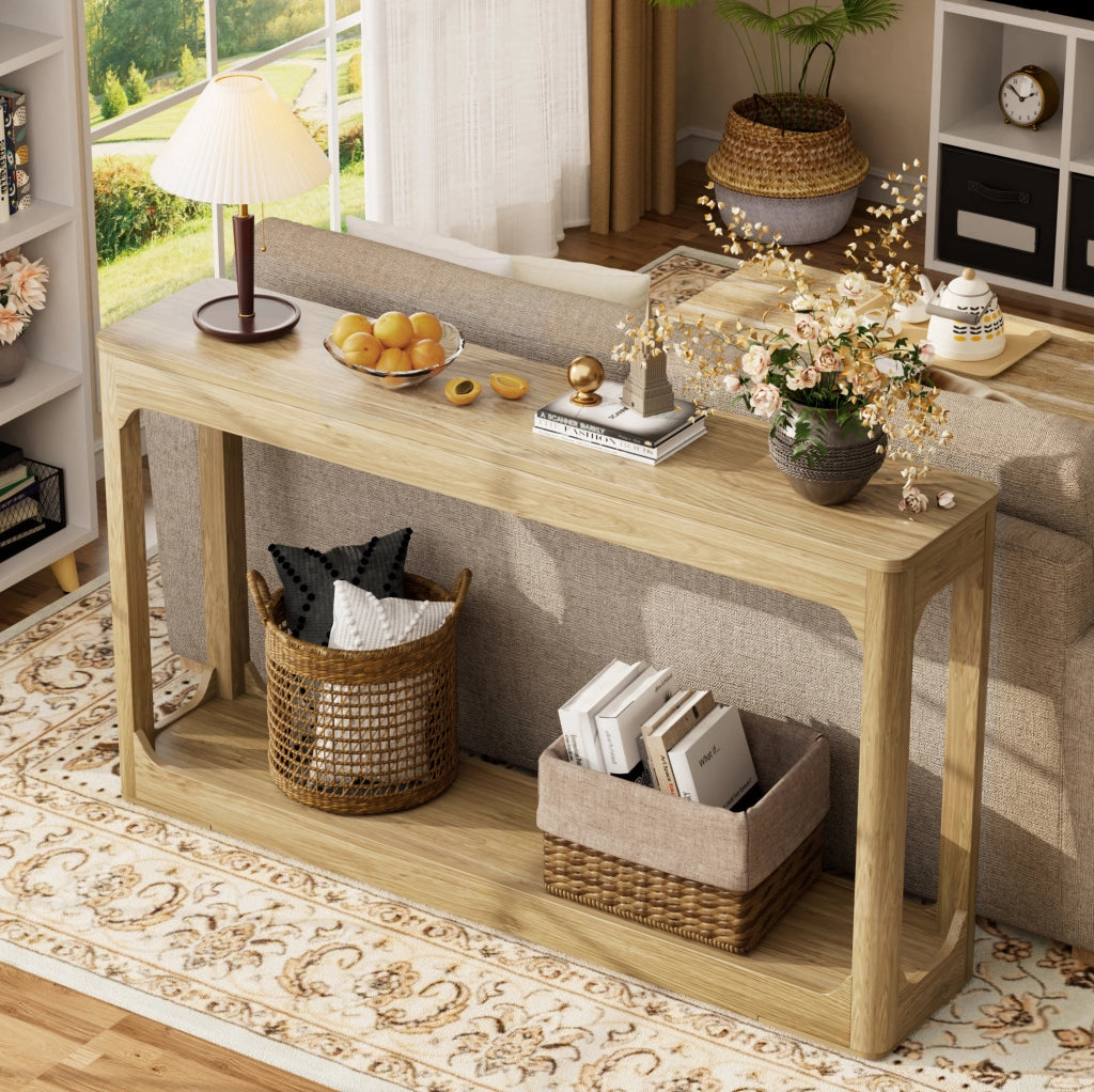 Tavolo consolle 140 cm a 2 ripiani aperti in MDF colore naturale per ingresso