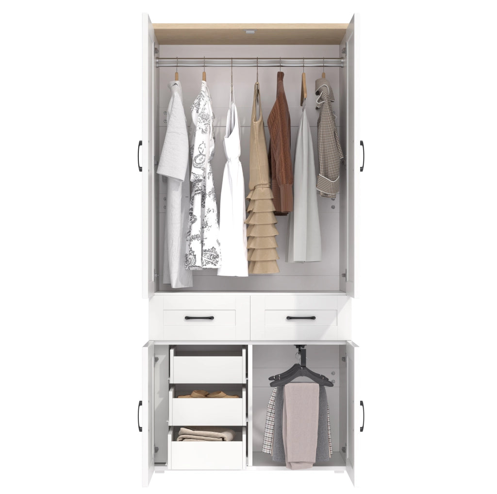 Armadio guardaroba 4 ante con 5 cassetti e 2 appendiabiti; 90x50x200 cm; MDF bianco