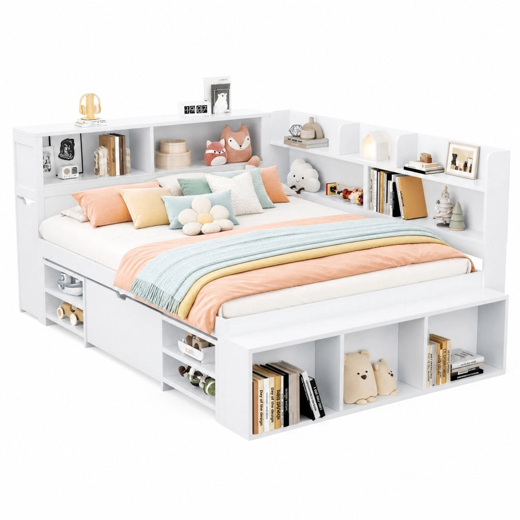 Letto per bambini 140x190 cm con cassetti e ripiani in compensato bianco