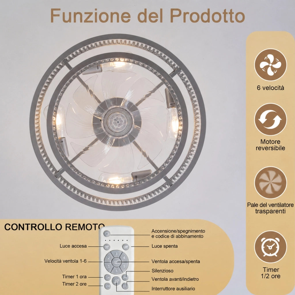 Ventilatore da soffitto con luce e cristalli da 50 cm; 6 velocità e controllo da app; vetro e metallo; argentato