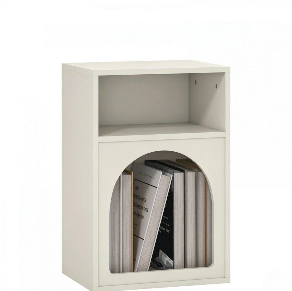 Comodino in MDF color crema con due ripiani aperti, design curvo moderno, 40x30x60 cm