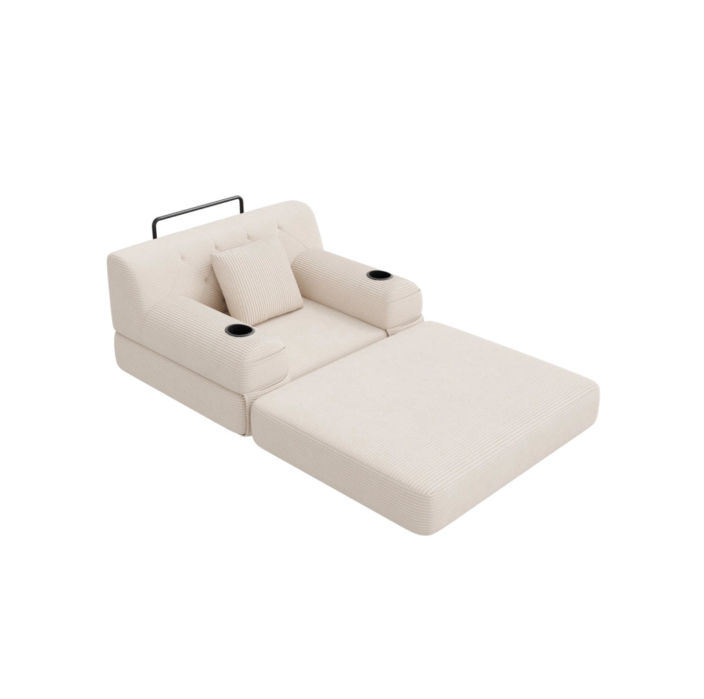 Divano Letto 1 Posto in Corduroy Beige con Schienale Alto, Telaio in Metallo, 2 Porta Bicchieri e 4 Tasche Laterali, Ideale per Soggiorno e Spazi Compatti