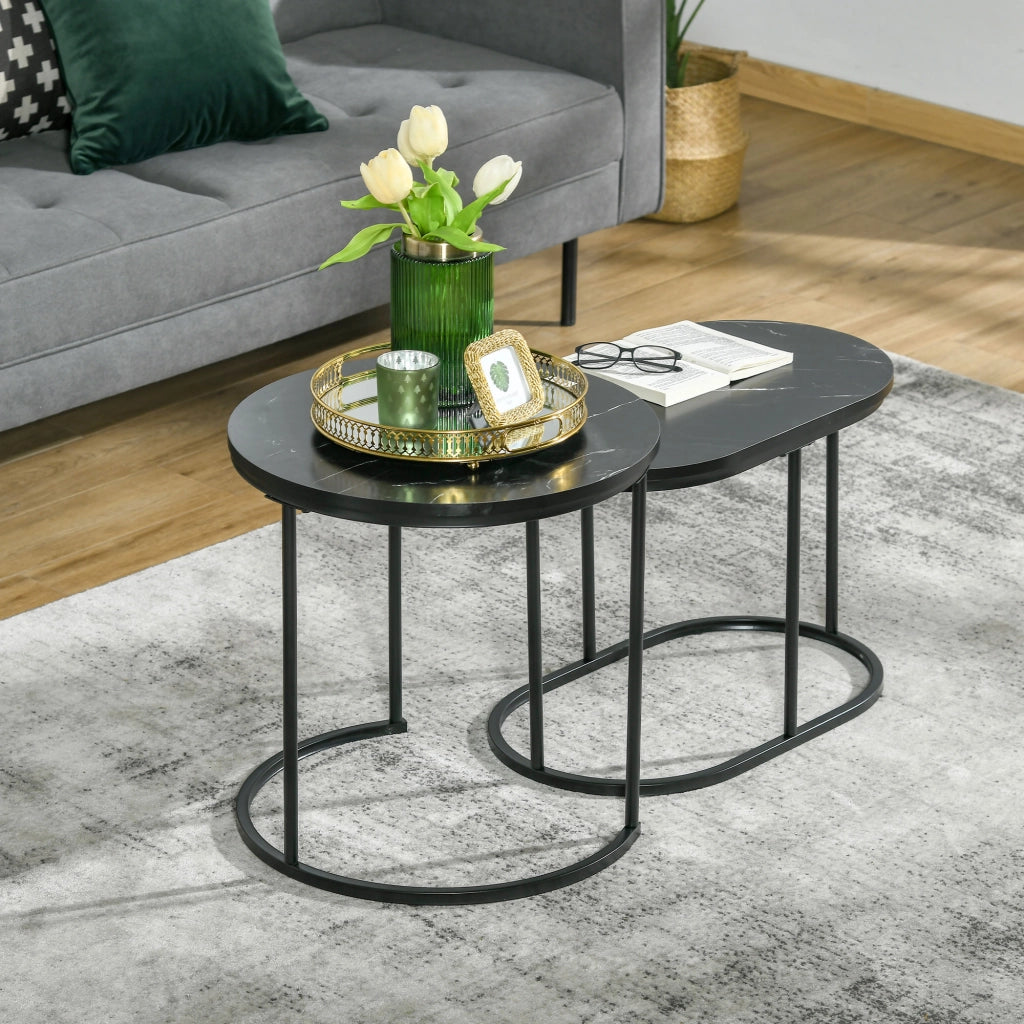 Set di 2 tavolini da caffè rotondo e ovale impilabili in MDF e acciaio effetto marmo colore nero