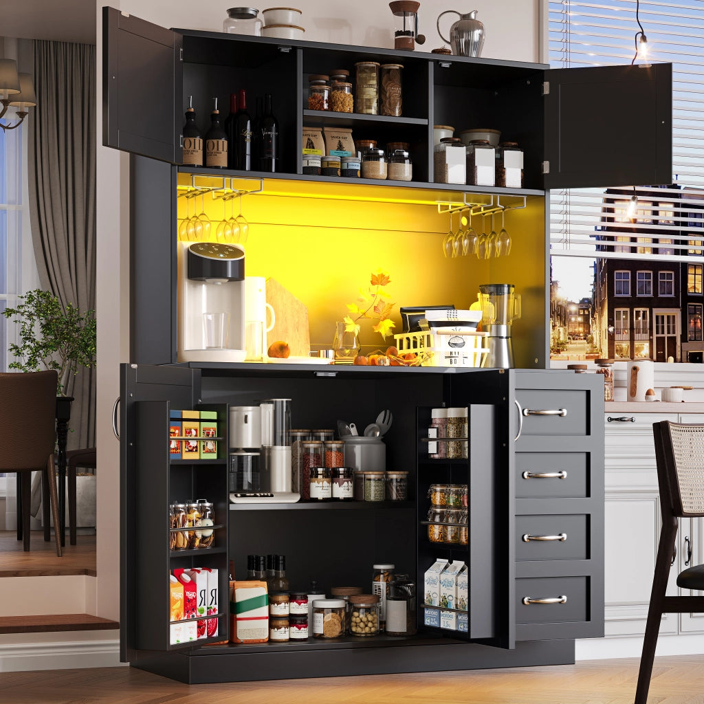 Credenza da cucina alta con LED, 4 ante, 2 cassetti e portabottiglie, per cucina, in MDF nero, 120 × 40 × 188 cm