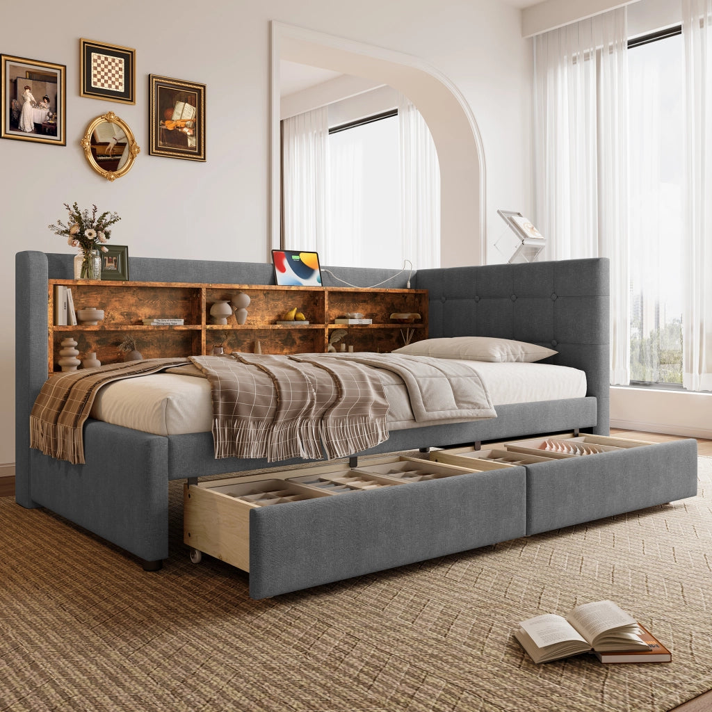 DESMIU Letto singolo 90 × 200 cm con 2 cassetti, USB, Type-C e ripiani, senza materasso, in lino, grigio