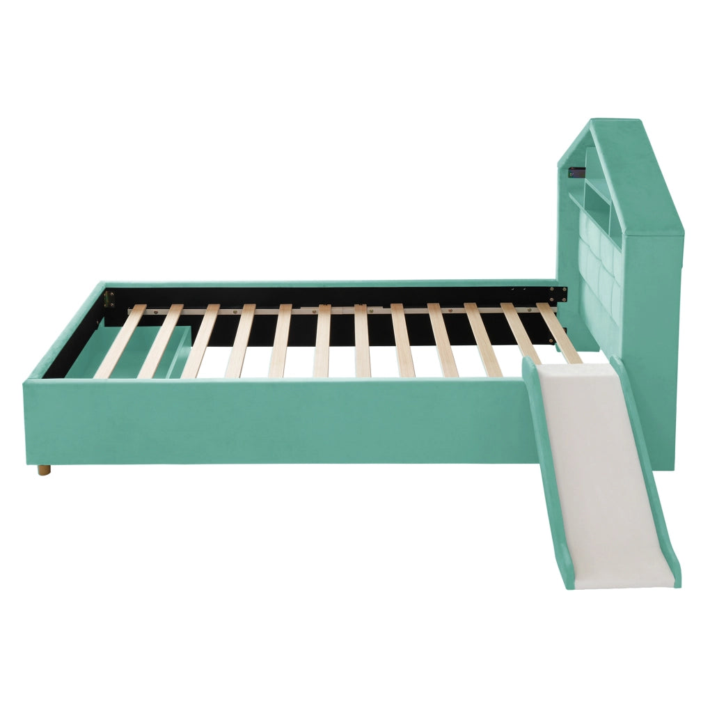 Letto bambini 90x200 cm blu verde imbottito con scivolo reversibile, illuminazione LED, porta di ricarica, ripiani e ampio contenitore sottoletto