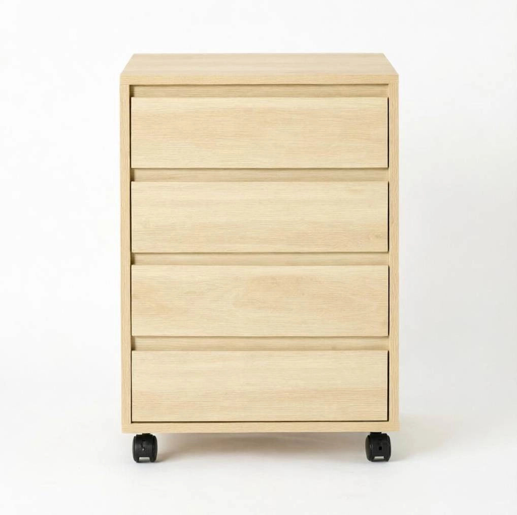 Mobile cassettiera in MDF naturale con 4 cassetti e ruote, 46x40x65 cm