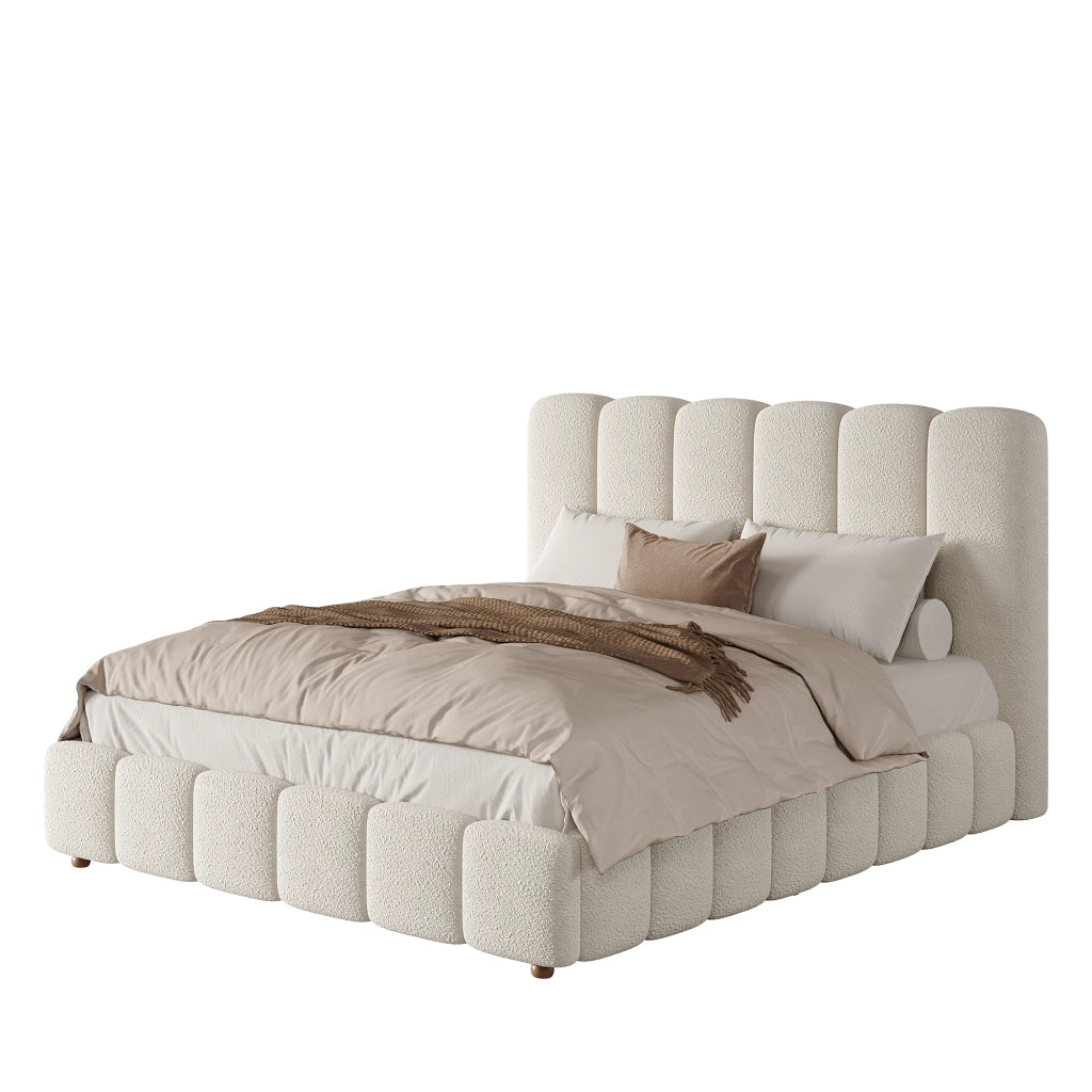 Letto contenitore 140 × 190 cm 2 posti con apertura idraulica e testiera imbottita; senza materasso; in bouclé bianco