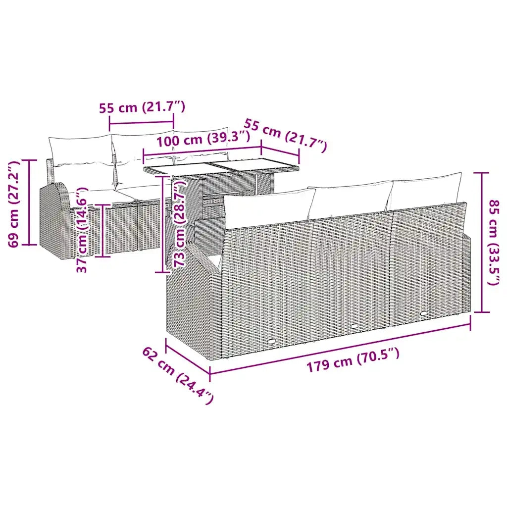 Set Divano da Giardino con cuscino 7 pcs Nero Poly Rattan 3348563