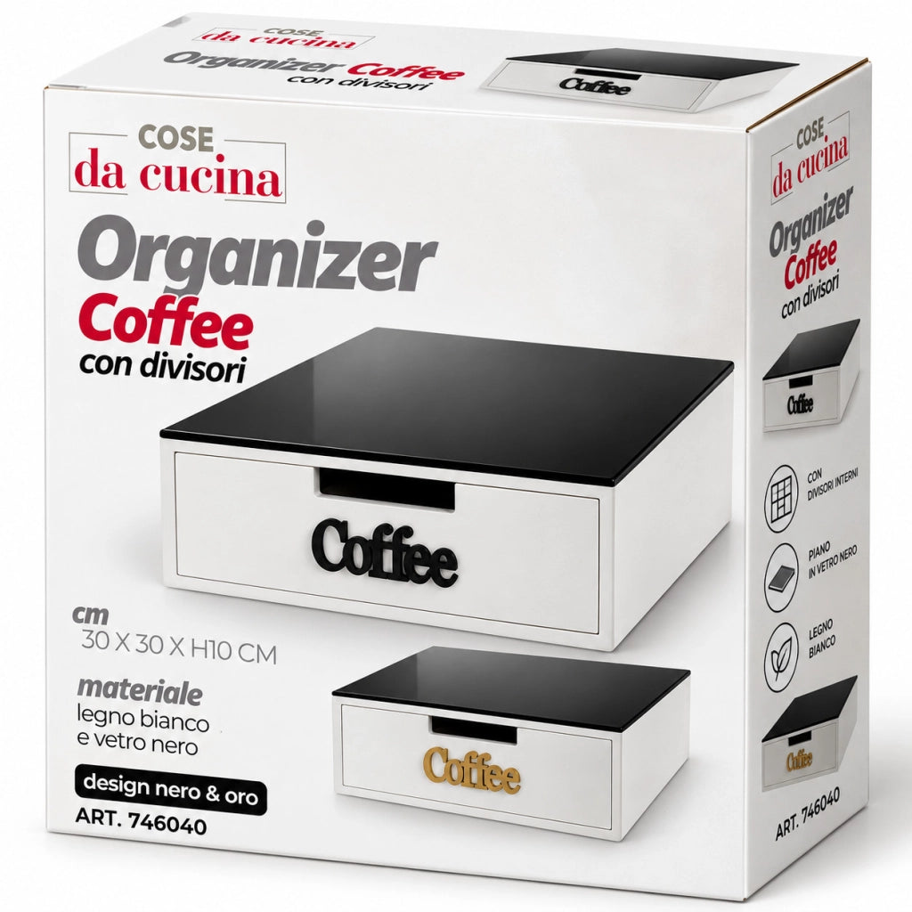 ORGANIZER CAFFE CAPSULE CIALDE CASSETTO DIVISORI TOP VETRO NERO 30X30 H10 746040