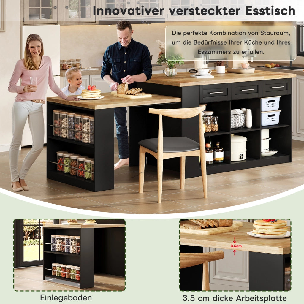 Isola da cucina con tavolo estraibile e contenitori in MDF naturale e nero 150 × 90 × 90 cm