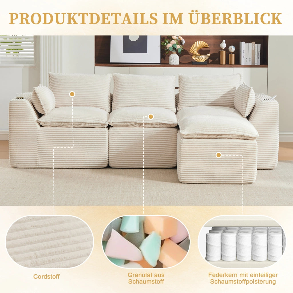 Divano modulare 3 posti - con cuscini e tasche laterali - in corduroy beige