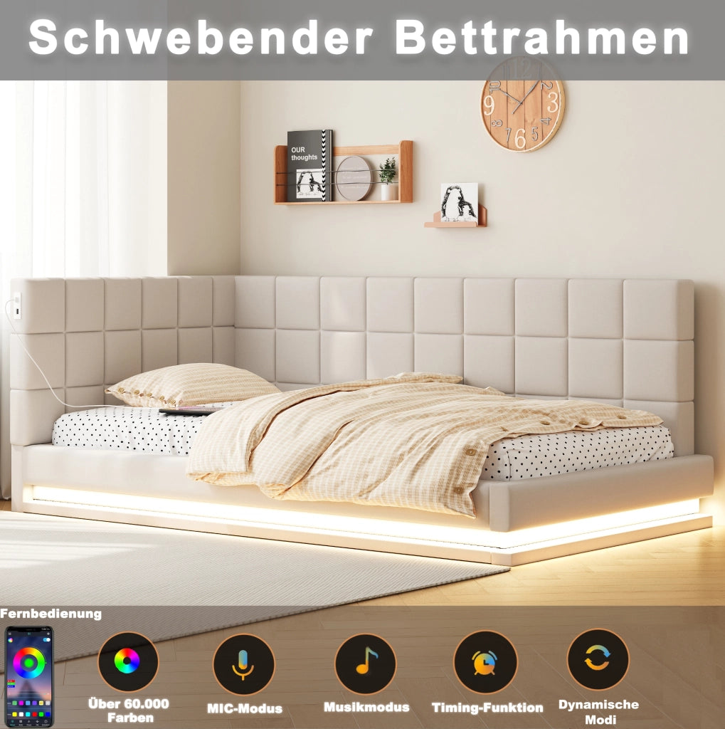 Divano letto imbottito 90x200 cm beige con LED e USB