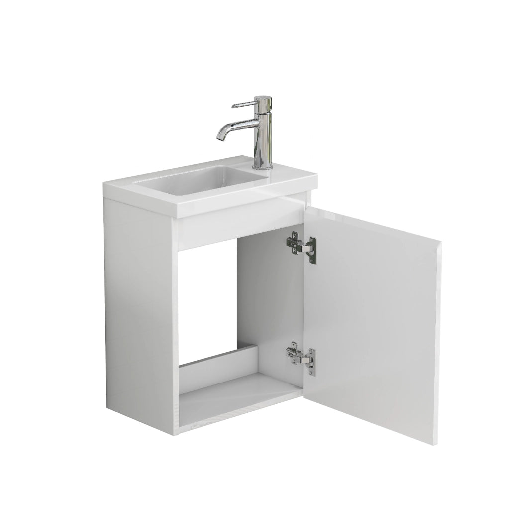 Mobile bagno sospeso 40 cm bianco lucido con lavabo in ceramica e specchio, design senza maniglie con cerniere ammortizzate, preassemblato