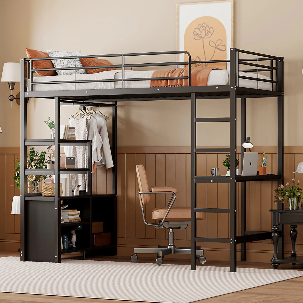 Letto a soppalco 90 × 200 cm con scrivania prese USB scaffali struttura in metallo e MDF nero