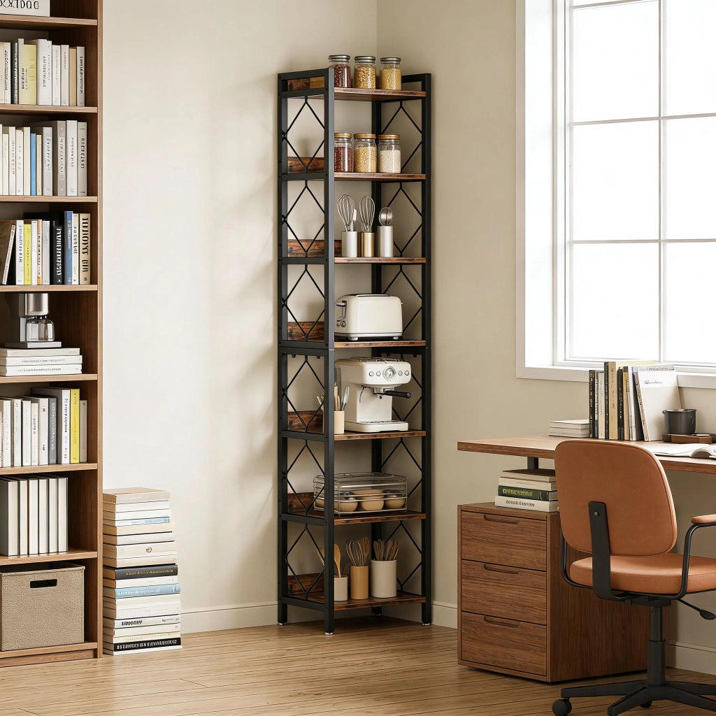 Libreria stretta con 7 ripiani aperti e protezioni laterali per casa e ufficio, metallo e legno, 34 × 34 × 200 cm