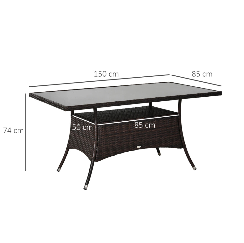Tavolo da giardino 150x85x74 cm in polyrattan marrone con piano in vetro di sicurezza