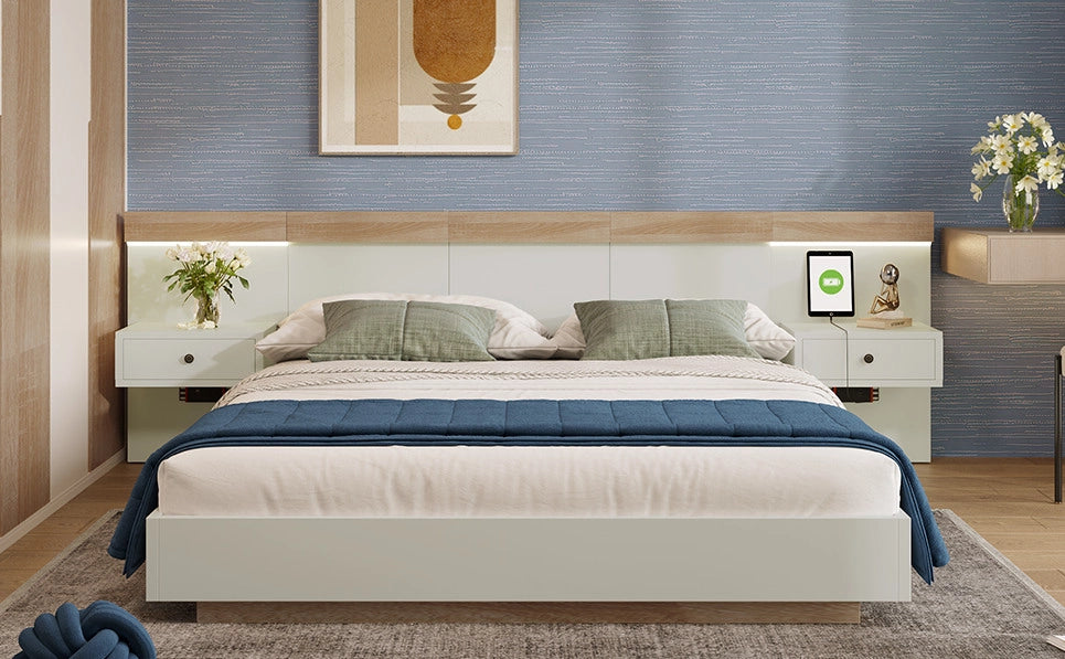 Letto Matrimoniale 140x200 cm con 2 Comodini LED, Porta USB-C e Presa Europea in Sonoma Quercia/Bianco