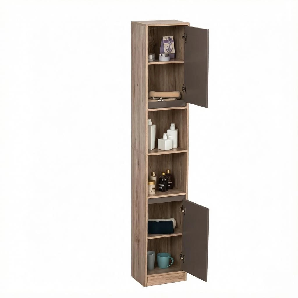 Colonna da bagno con 2 armadietti; 2 vani aperti e ripiani regolabili in MDF grigio effetto rovere 30 × 24 × 170 cm