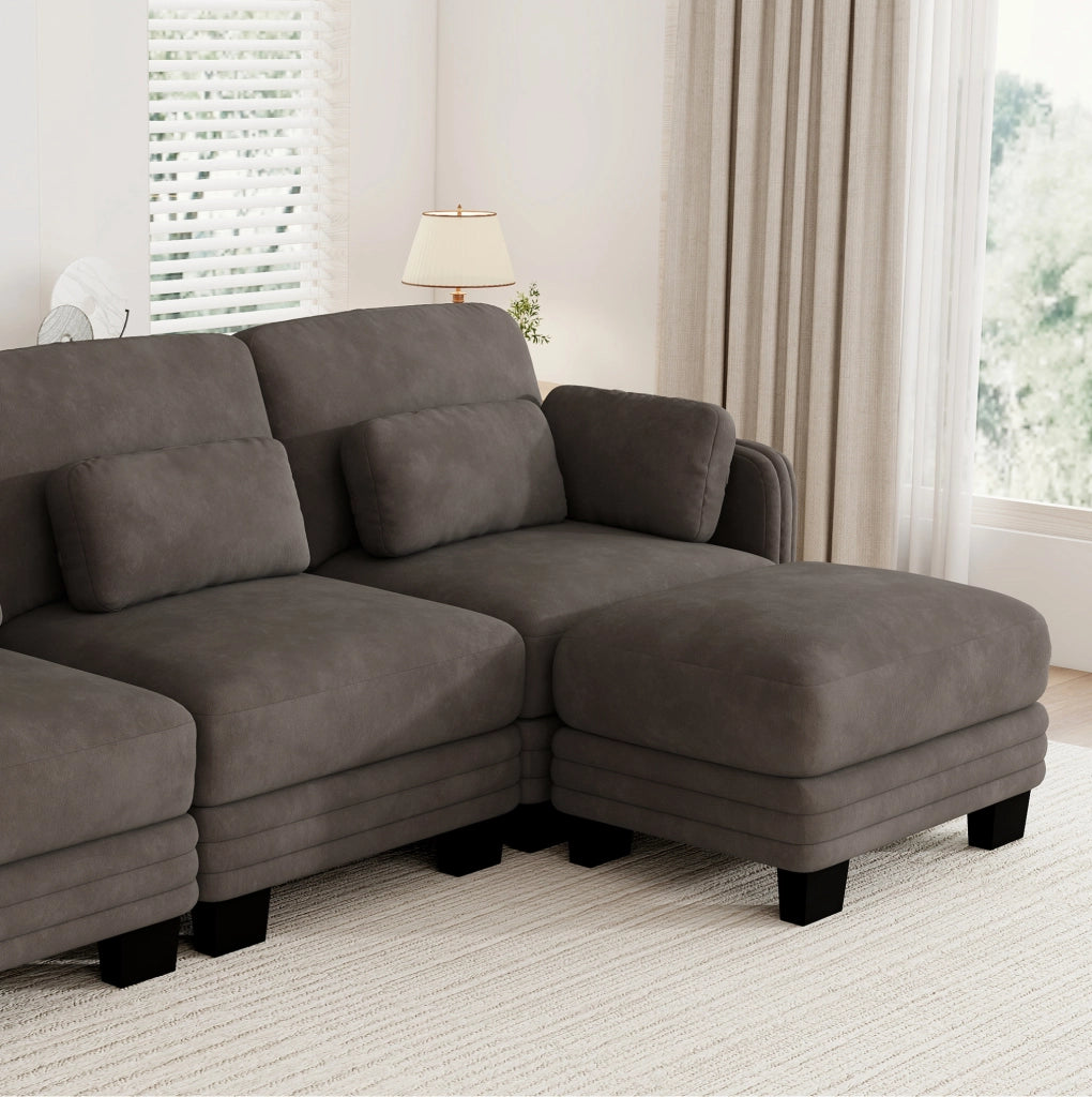 Divano modulare in ciniglia con pouf separato; marrone; 253 x 143 x 88 cm