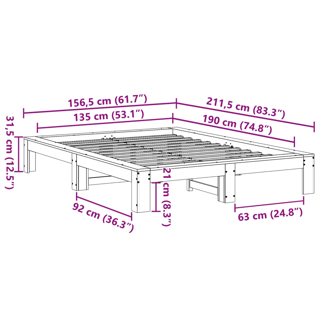 Letto senza Materasso-Struttura Letto Marrone Cera 135x190 cm in Legno di Pino 975413