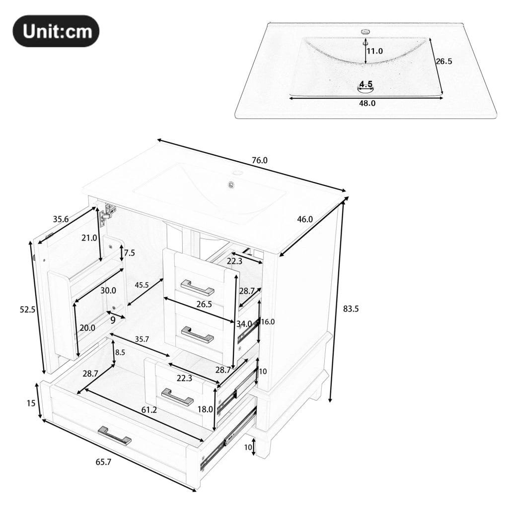 Mobile lavabo 76x46x83,5 cm in MDF e ceramica nero, contenitore bagno