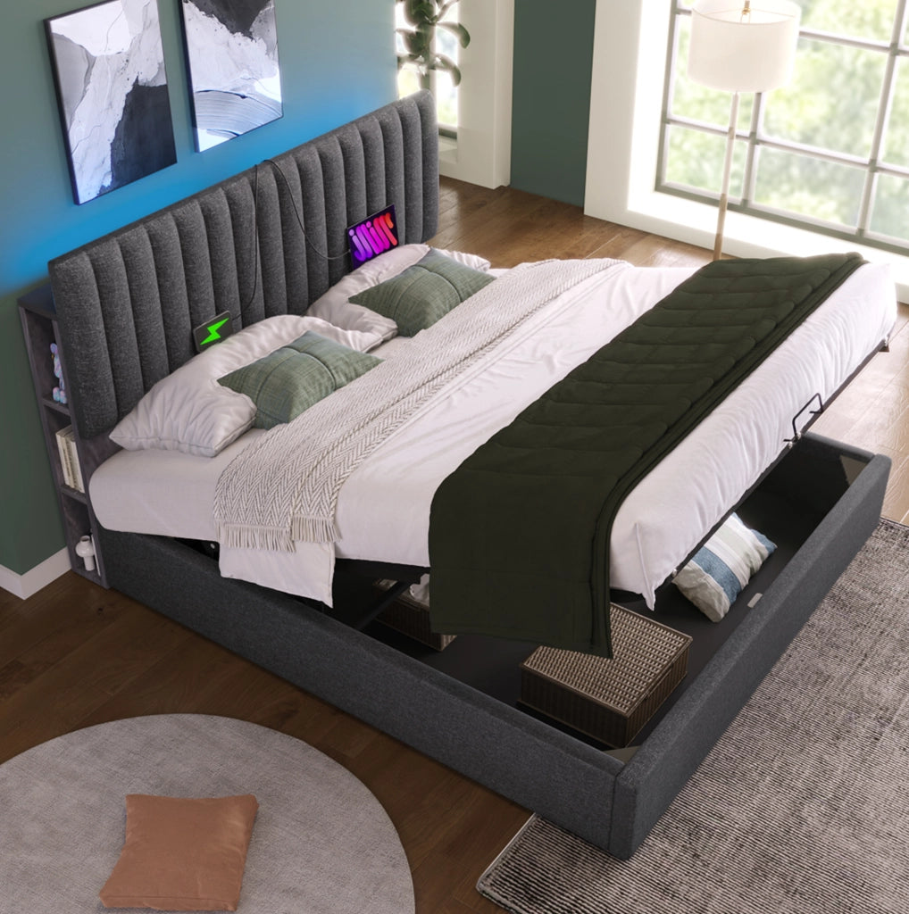 Letto matrimoniale 140x200 cm con contenitore, LED con controllo App, USB e Type C, grigio