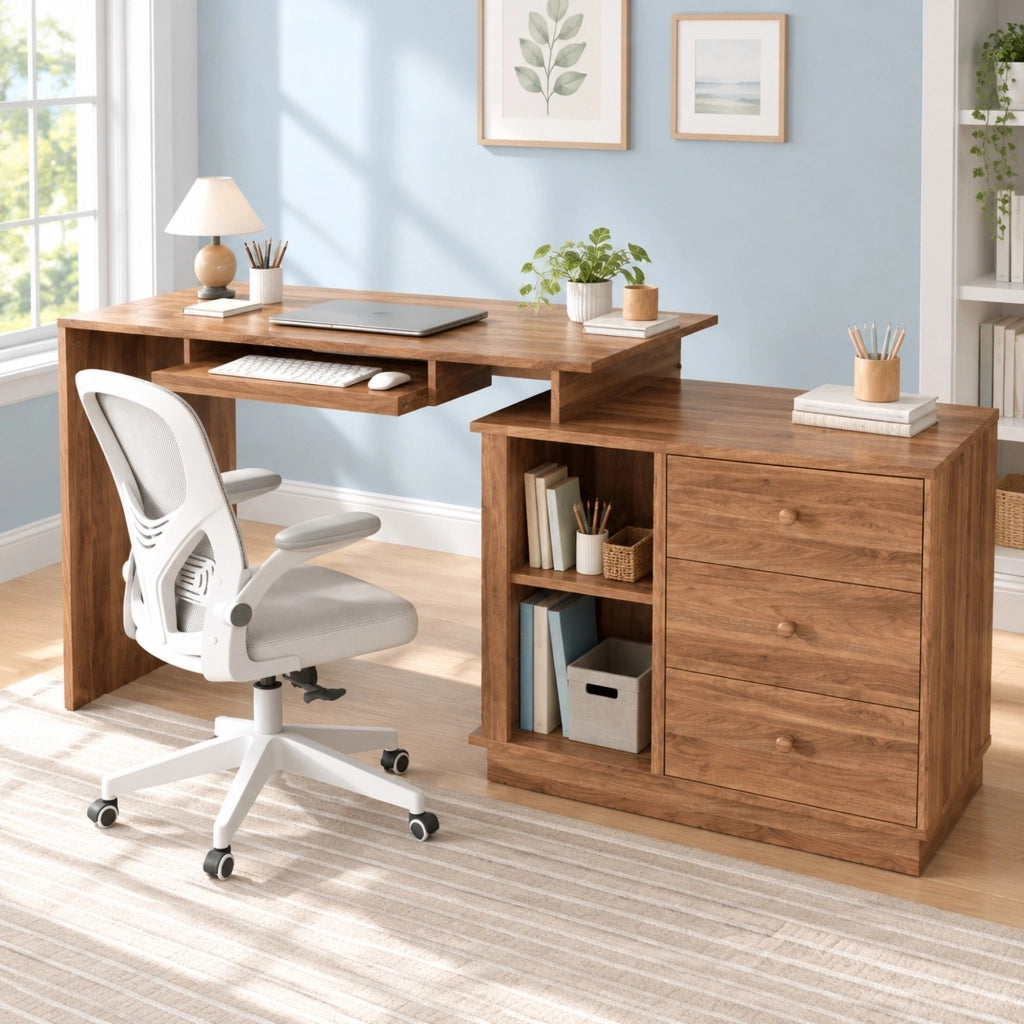Scrivania estraibile ULEVR 110x40x75,5 cm con 3 cassetti, ripiani aperti e vassoio tastiera, finitura noce