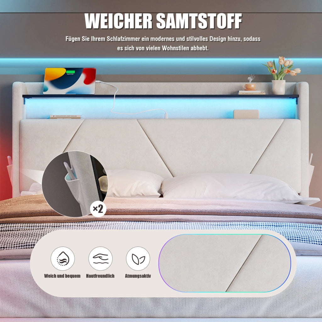 Letto matrimoniale imbottito 140 × 200 cm con contenitore velluto beige LED USB e Type-C testiera con ripiani