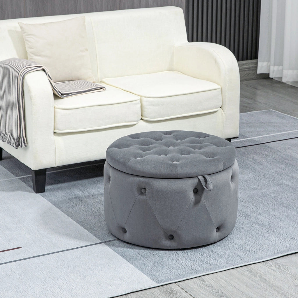 Poggiapiedi contenitore rotondo imbottito con coperchio, effetto velluto in poliestere grigio Ø60×40 cm