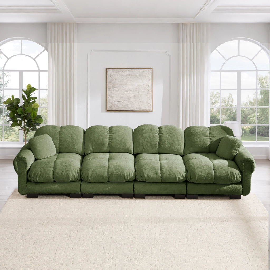 Divano modulare in ciniglia verde con cuscini trapuntati e braccioli curvi 330 × 86 × 90 cm