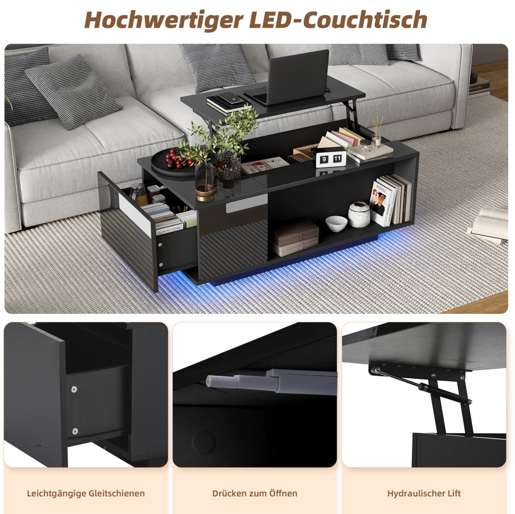 Tavolino da caffè elevabile 100 x 50 x 40 cm con vano nascosto; cassetto e LED Bluetooth nero