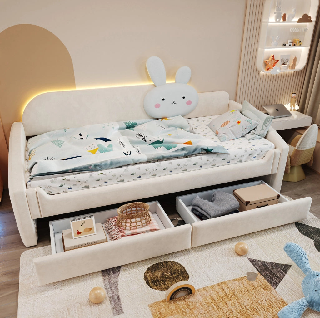 Letto divano per bambini 90x200 cm beige con LED e cassetti