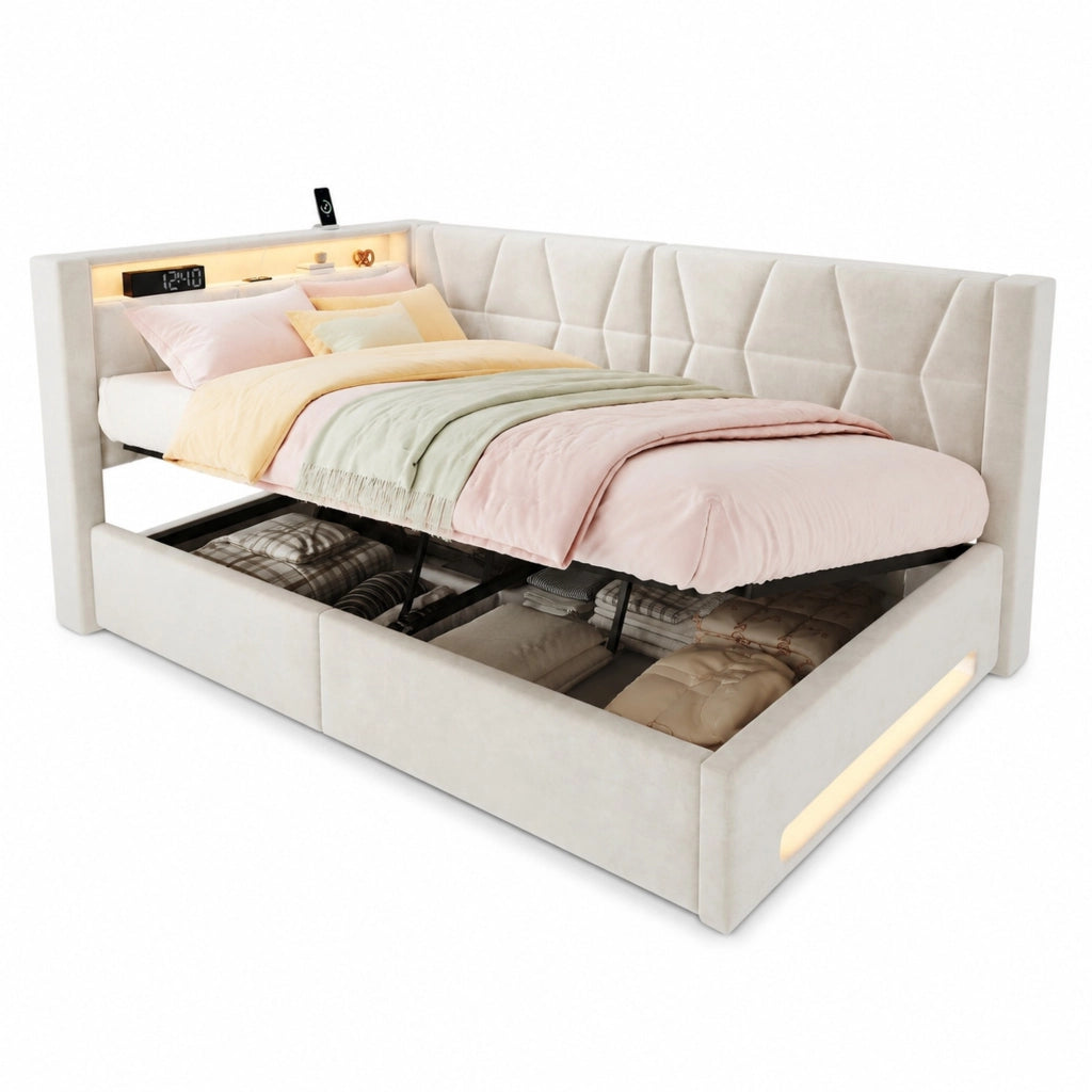 Letto singolo imbottito 90x200 cm con contenitore; LED; USB e Type-C beige